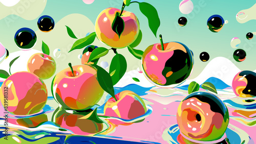 Colorful Digital Art of Stylized Apples Floating in Water
