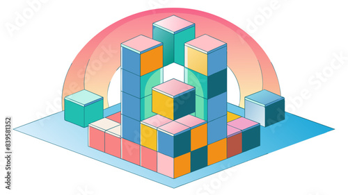 Isometric Cityscape Illustration with Vibrant Colors and Geometric Shapes