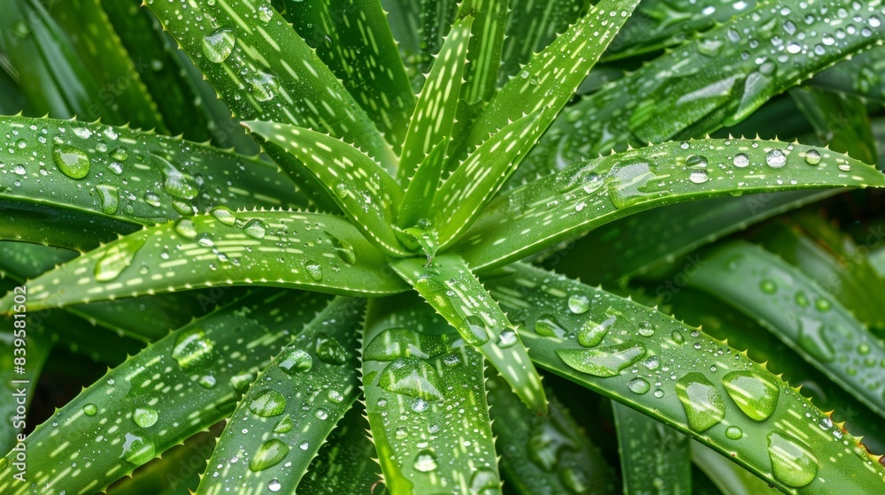 Fresh green aloe vera plant with water drops close-up Fresh green aloe vera plant with water drops close-up