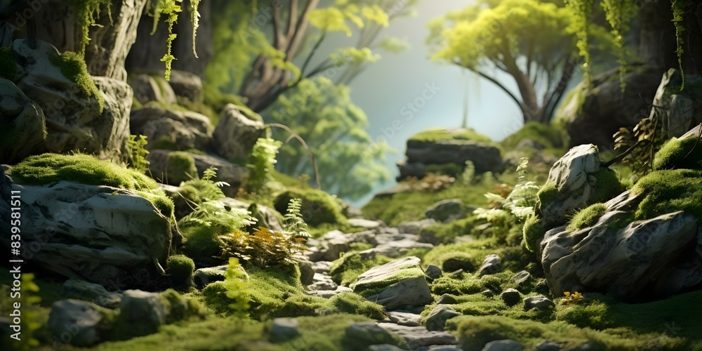 Creating a 3D Render of Moss-Covered Rocks for Natural and Beautiful Garden Decor. Concept Garden Decor, Moss-Covered Rocks, 3D Render, Natural, Beautiful Creating a 3D Render of Moss-Covered Rocks for Natural and Beautiful Garden Decor. Concept Garden Decor, Moss-Covered Rocks, 3D Render, Natural, Beautiful