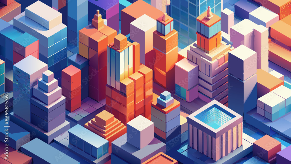 Colorful Isometric Cityscape at Twilight Illustration Colorful Isometric Cityscape at Twilight Illustration