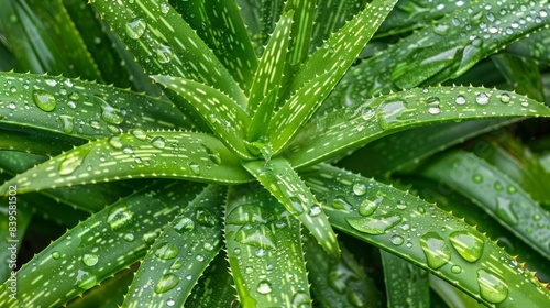 Fresh green aloe vera plant with water drops close-up