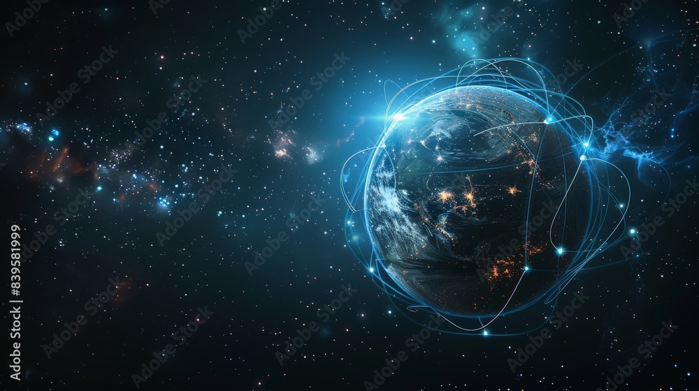 Naklejka premium Planet Earth with glowing blue lines and network connections in outer space. Concept of global digital communication and technological progress. Ideal for futuristic and technology themes