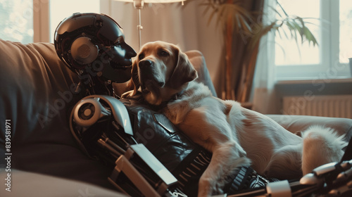 Warm Connection: Robot Gently Petting a Dog in a Cozy Home Setting