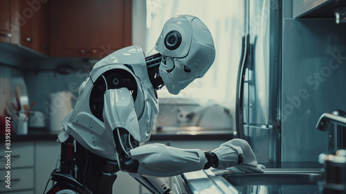 Android Housekeeper Cleaning a Modern Kitchen