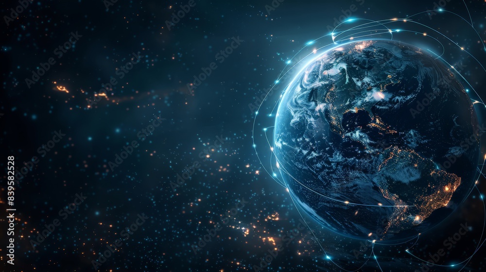 Fototapeta premium High-resolution view of Earth with visible glowing network connections in outer space. Concept of global communication and digital infrastructure. Suitable for technological and space themes