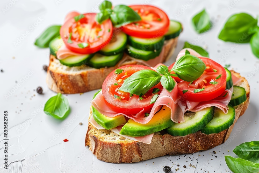 Fresh homemade ham and vegetable sandwich on white background Fresh homemade ham and vegetable sandwich on white background