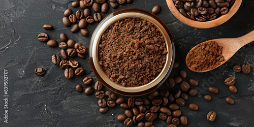 A small wooden bowl filled with coffee scrub sits on a dark textured surface, surrounded by coffee beans and green leaves