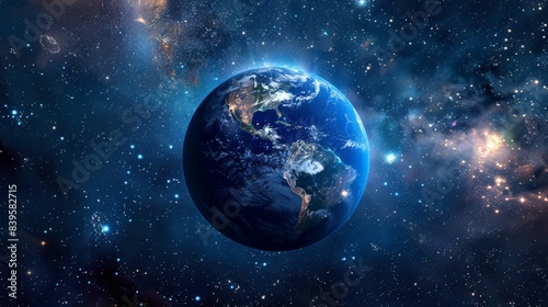 Beautiful view of Earth from space surrounded by stars and galaxies. Concept of cosmic beauty and the magnificence of our planet. Perfect for astronomy and space exploration themes