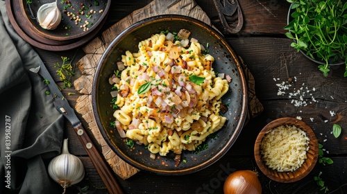 german bavarian cheese spaetzle with roasted onions, food photography, 16:9 photo