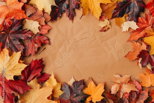 Autumn leaves border on a beige background with space for text
