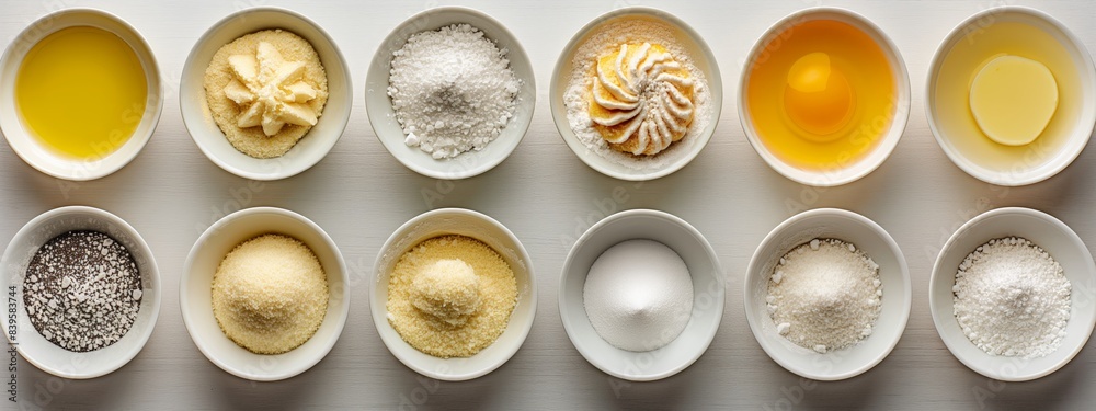 Various baking ingredients in small white bowls, including oils, sugars, and grains, neatly organized in rows, highlighting essential components for baking recipes. Various baking ingredients in small white bowls, including oils, sugars, and grains, neatly organized in rows, highlighting essential components for baking recipes.
