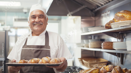 Hispanic male baker holding tray of freshly baked bread in kitchen. He is smiling and wearing white chef hat and apron © Bonsales