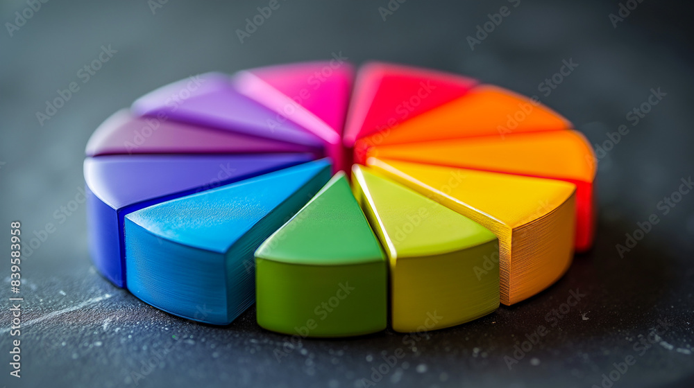 Obraz premium Wooden Pie Chart Model with Segments in Rainbow Colours. Analytics, Research, Development, Science, Business. Inclusive Workplace, Equality, Diversity, Human Rights, Pride