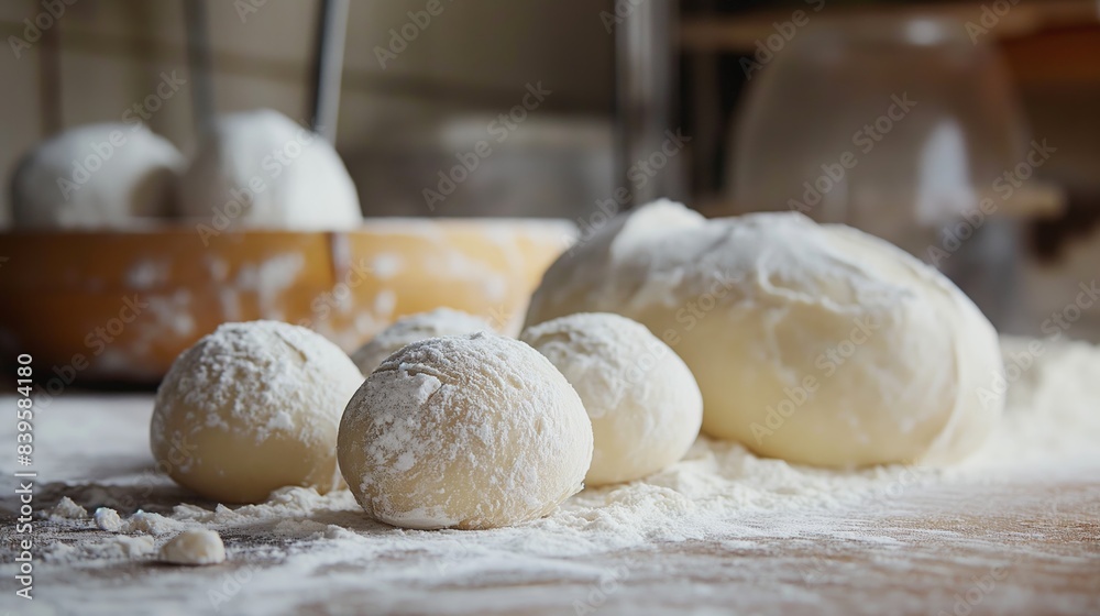 Dough balls and larger dough on a floured surface, with a blurred background, illustrating the bread-making process in a rustic kitchen environment. Dough balls and larger dough on a floured surface, with a blurred background, illustrating the bread-making process in a rustic kitchen environment.