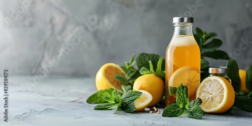 Kombucha tea bottle with lemon mint leaves and probiotics on white background. Concept Glass Bottles, Kombucha Tea, Lemon Mint Leaves, Probiotics, White Background photo