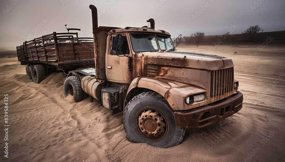 big rusty offroad truck in desert landscape, mad max apocalyptic style big rusty offroad truck in desert landscape, mad max apocalyptic style