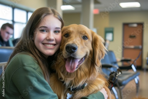 teenage girl  holding her golden retriever dog pet at vet clinic for regular visit or vaccine © Dina