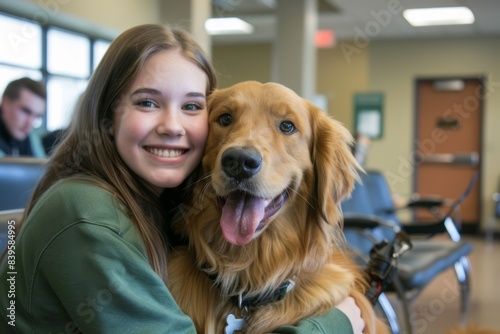 teenage girl  holding her golden retriever dog pet at vet clinic for regular visit or vaccine photo