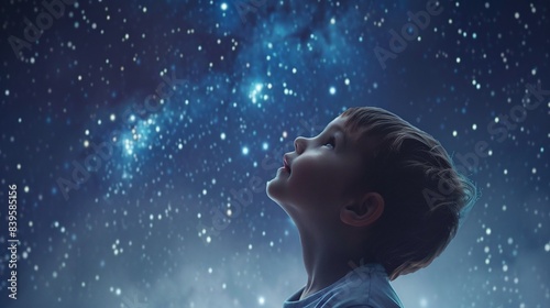 Child looks up at the stars at night, dreaming of infinite possibilities and aspirations. Concept Dreams, Ambitions, Night Sky, Childhood, Imagination