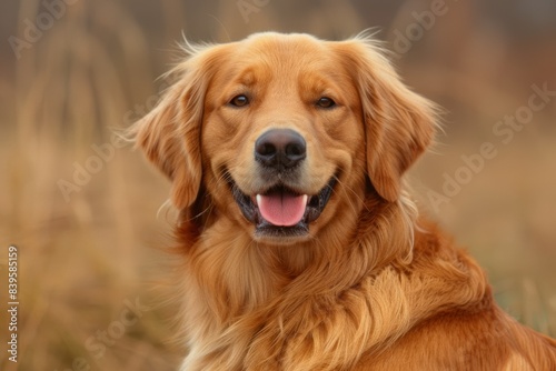 adorable golden retriever dog smiling on neutral background in wheat field or park