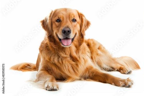 adorable golden retriever dog smiling isolated on white copy space right