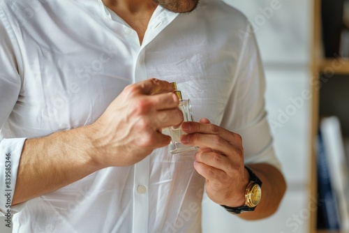 man applying cologne perfume closeup
