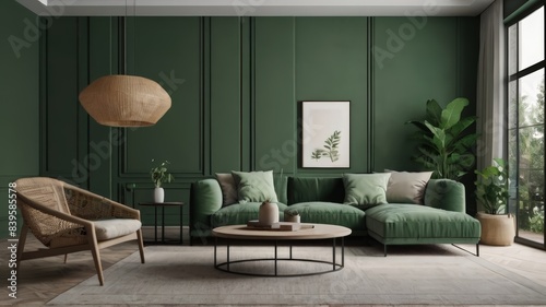 Modern Green Scandinavian home interior design characterized by an elegant living room featuring a comfortable sofa, mid century furniture, cozy carpet, wooden floor, white walls, and home plants
