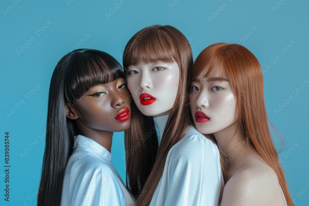 Obraz premium Trio of models with sleek hair and bold lips