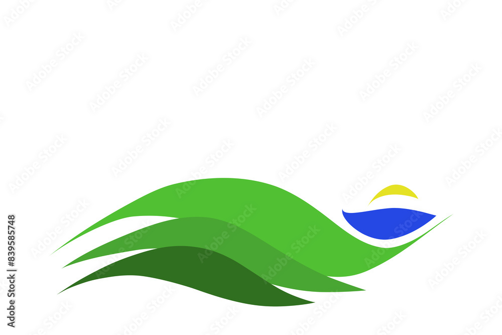 Abstract line art illustration of green hills, lake and sun isolated on white background Abstract line art illustration of green hills, lake and sun isolated on white background