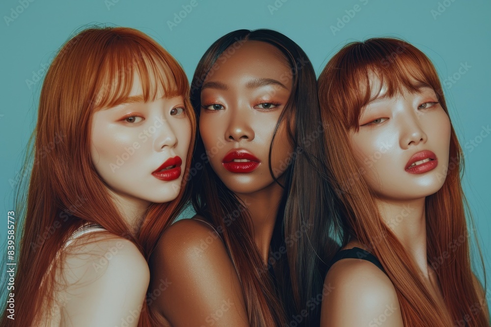 Diverse models with stunning makeup on teal Diverse models with stunning makeup on teal