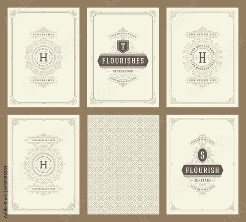 Vintage ornament greeting cards set templates flourish ornate frames and pattern background vector illustration