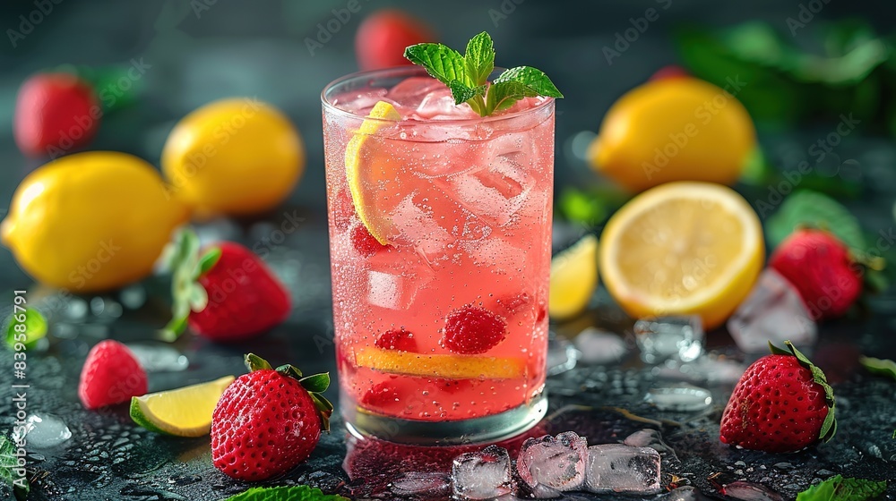 Spring or summer refreshing cold cocktail or mocktail with berries and lemon, raspberry lemonade Spring or summer refreshing cold cocktail or mocktail with berries and lemon, raspberry lemonade
