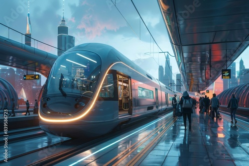 A detailed depiction of a high-speed electric train arriving at a bustling urban station, with passengers boarding and disembarking, and the train's sleek design standing out against the city backdrop photo