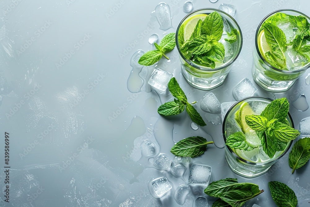 Obraz premium Mojito or virgin mojito long rum drink with fresh mint, lime juice, cane sugar and soda