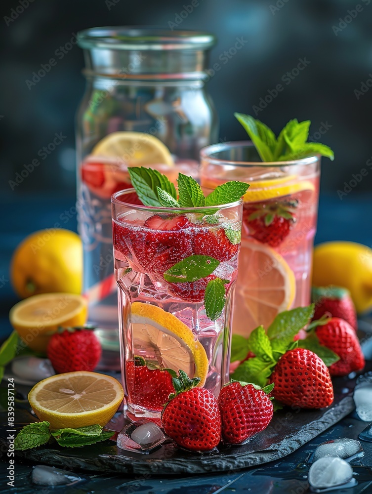 Fresh strawberry cocktail. Fresh summer cocktail with fruits and berries with ice cubes Fresh strawberry cocktail. Fresh summer cocktail with fruits and berries with ice cubes