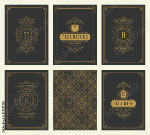 Vintage ornament greeting cards set templates flourish ornate frames and pattern background vector illustration