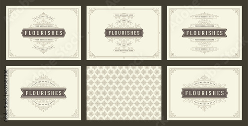 Vintage ornament greeting cards set templates flourish ornate frames and pattern background vector illustration