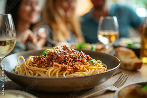 Happy group of friends eating pasta at home dinner party - Cheerful young people having lunch break together - Life style concept with guys and girls celebrating thanksgiving - Bright filter