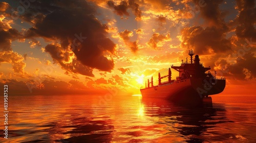 Cargo ship silhouette against a fiery sunset