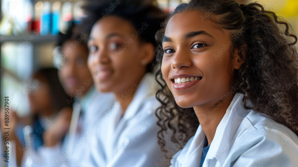copy space, stockphoto, multiracial, high school students with labcoat in a analytic practice lab. Students different ethnic background in an chemistry lab. School theme mockup. copy space, stockphoto, multiracial, high school students with labcoat in a analytic practice lab. Students different ethnic background in an chemistry lab. School theme mockup.