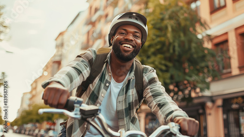 black man riding a bicycle in the city