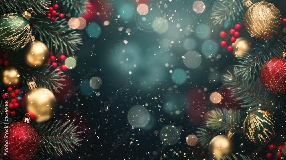 Festive Christmas Tree Branch with Golden and Red Ornaments, Garland, and Bokeh on Green Background for Christmas Card or Banner Festive Christmas Tree Branch with Golden and Red Ornaments, Garland, and Bokeh on Green Background for Christmas Card or Banner