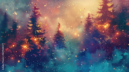 Christmas Forest Painting With Twinkling Lights at Night Illustration Landscape Background. © DreamStock