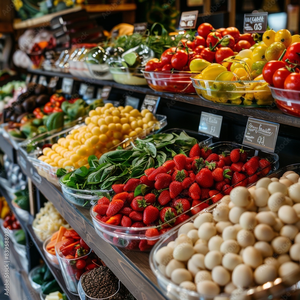 A fruit and vegetable stand with a variety of produce including strawberries A fruit and vegetable stand with a variety of produce including strawberries