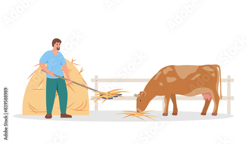 Farmer man feeding cow. Male character taking care of cattle farm animals. Farming concept. Vector illustration isolated on white background.