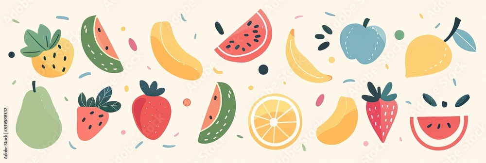 Simple, abstract shapes of cute fruits on a light background Simple, abstract shapes of cute fruits on a light background