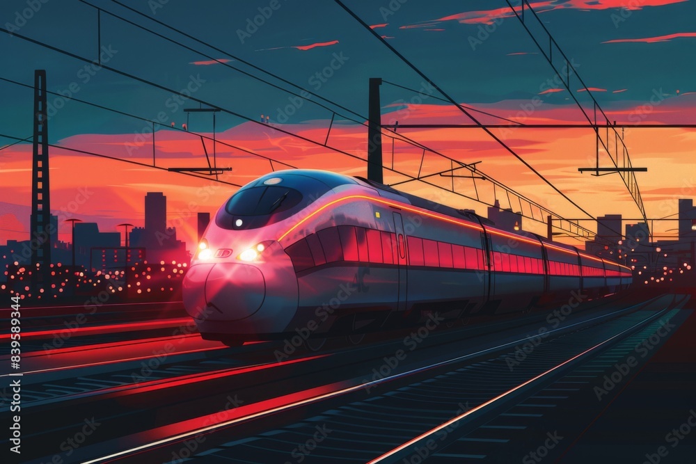 Fototapeta premium An illustration of a high-speed electric train at dusk, with its headlights piercing the gathering darkness, and the city lights starting to twinkle in the background, creating a sense of rapid transi