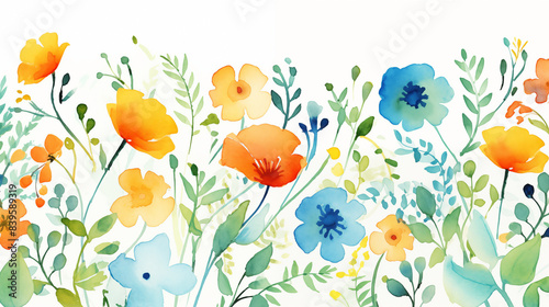 A watercolor painting of colorful flowers and green leaves on a white background