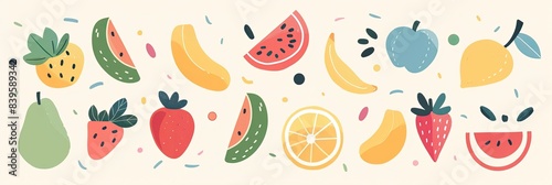 Simple, abstract shapes of cute fruits on a light background